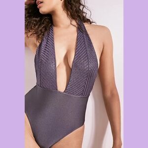 Urban Outfitters All That Glitters Silver Plunging Halter Bodysuit
